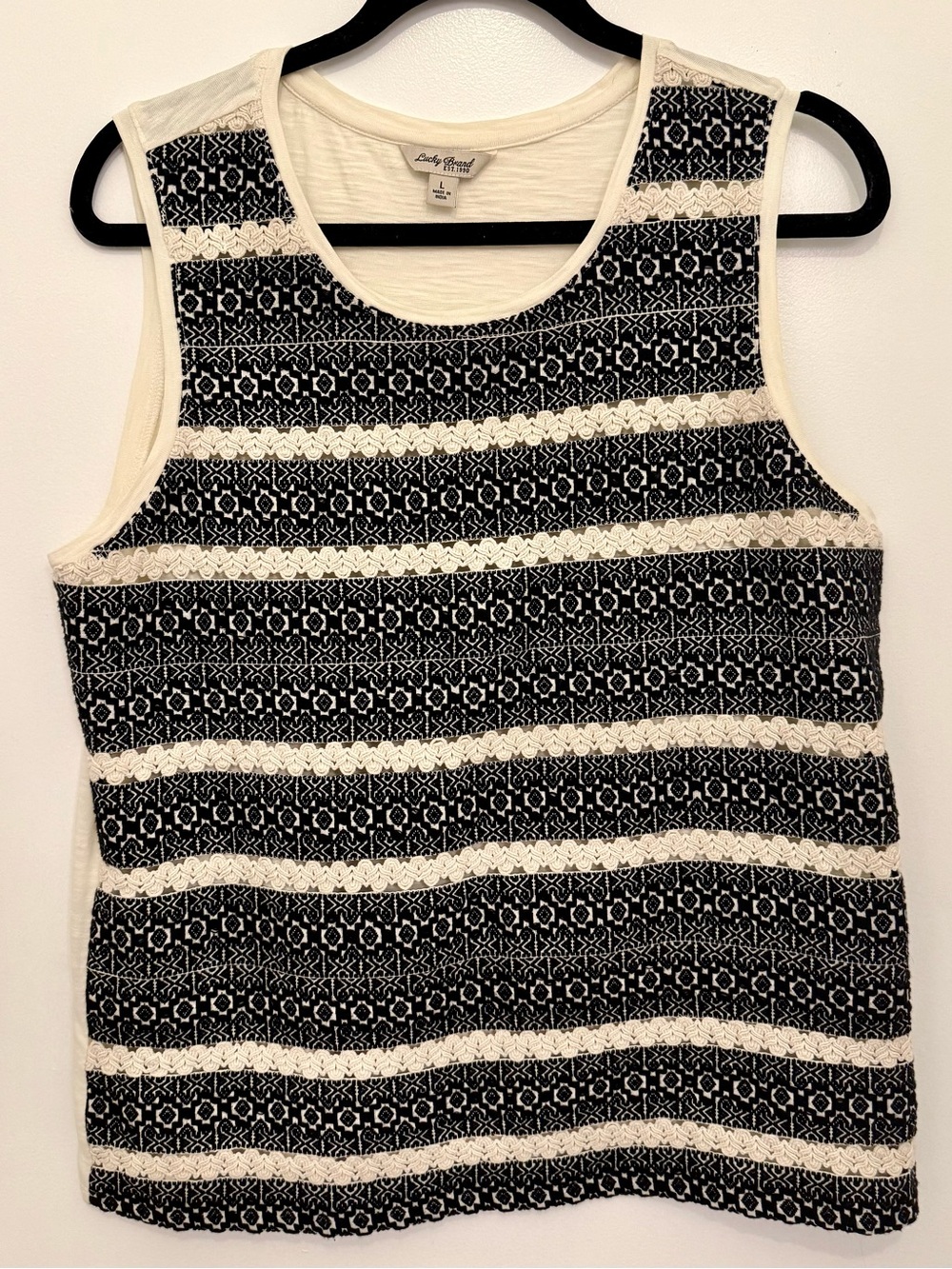 Lucky Brand Black and Cream Striped Textured Tank